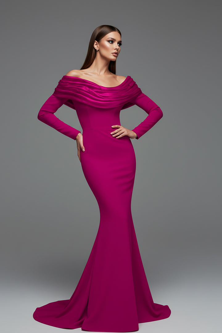 Crepe Mermaid Dress with Off-The-Shoulder Neckline