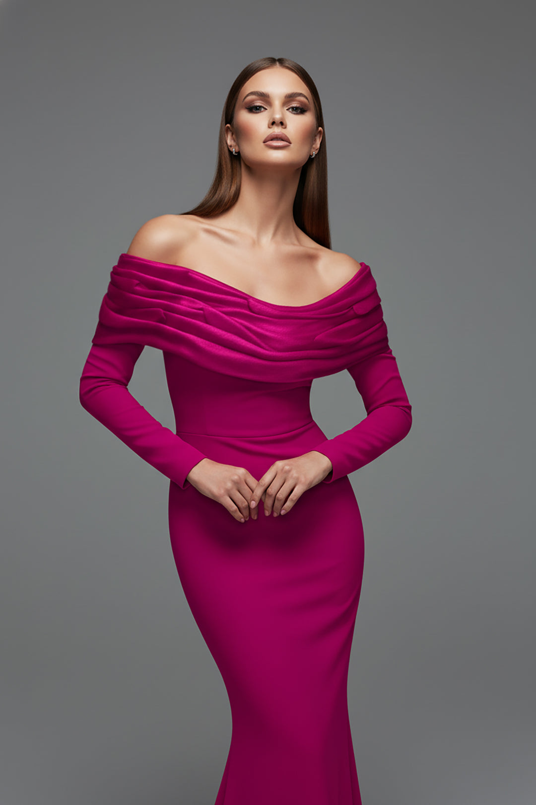 Crepe Mermaid Dress with Off-The-Shoulder Neckline