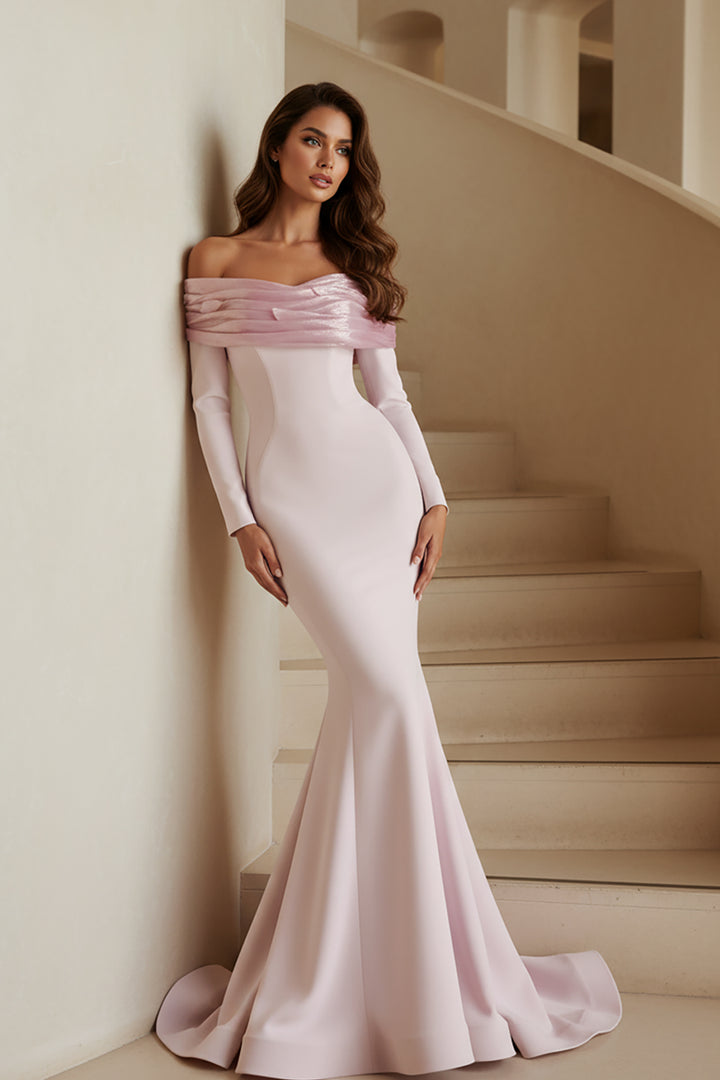 Crepe Mermaid Dress with Off-The-Shoulder Neckline