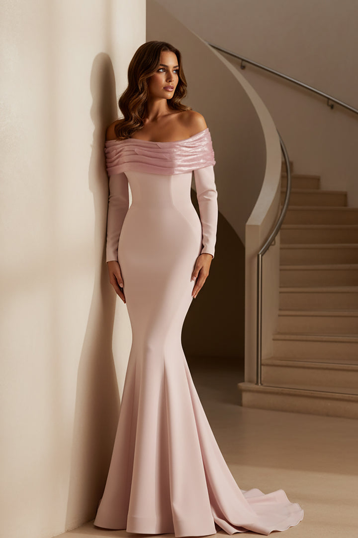 Crepe Mermaid Dress with Off-The-Shoulder Neckline