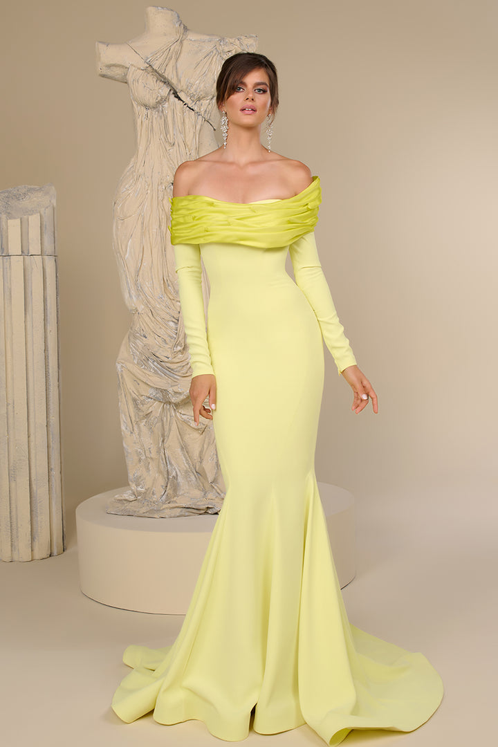 Crepe Mermaid Dress with Off-The-Shoulder Neckline