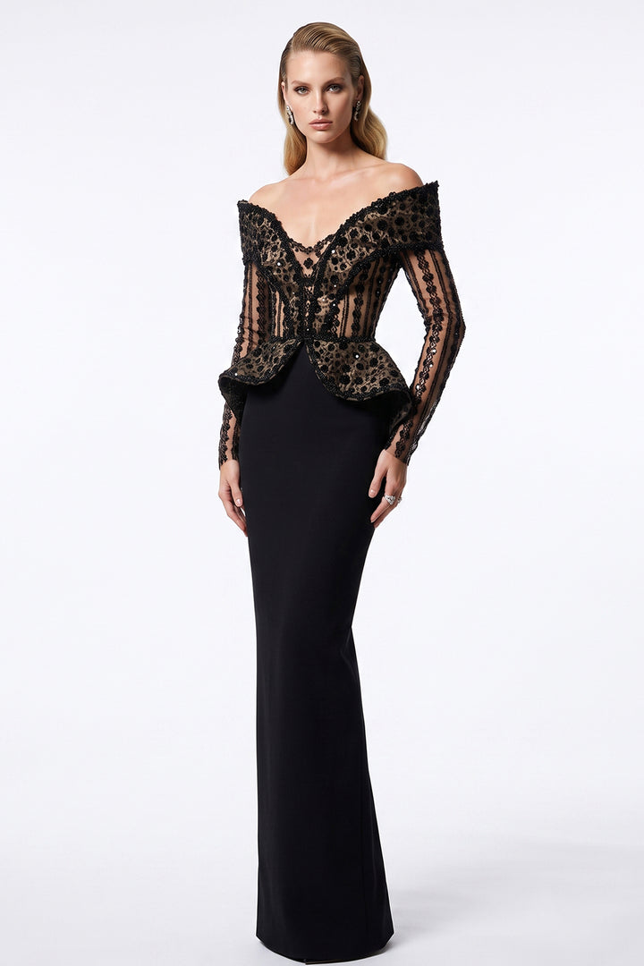 Off-The-Shoulder Illusion Lace with Column Dress