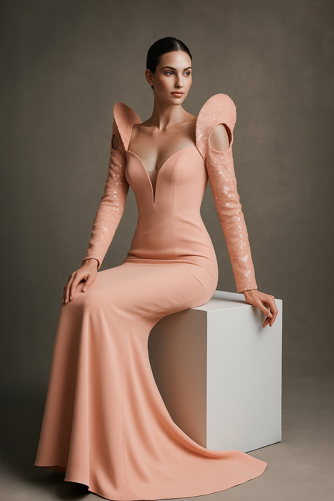 Mermaid Crepe Dress with Sequinned Sleeves