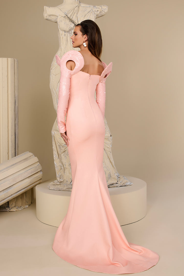 Mermaid Crepe Dress with Sequinned Sleeves