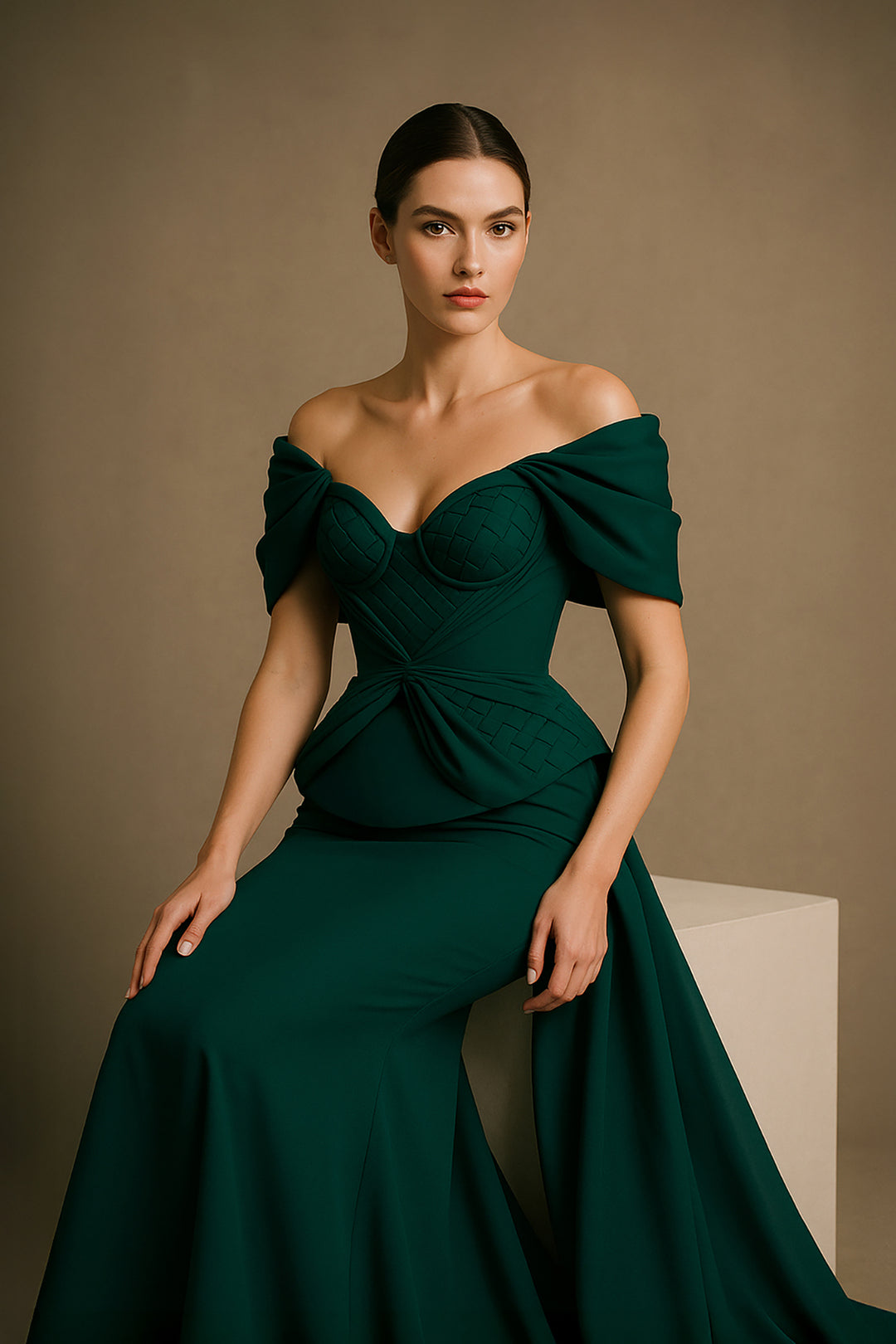 Off-The-Shoulder Neckline Crepe And Organza Dress