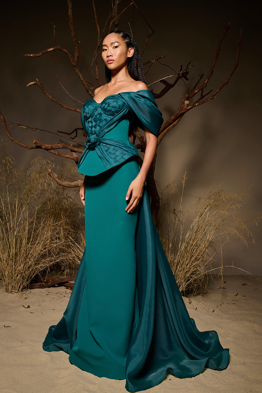 Off-The-Shoulder Neckline Crepe And Organza Dress