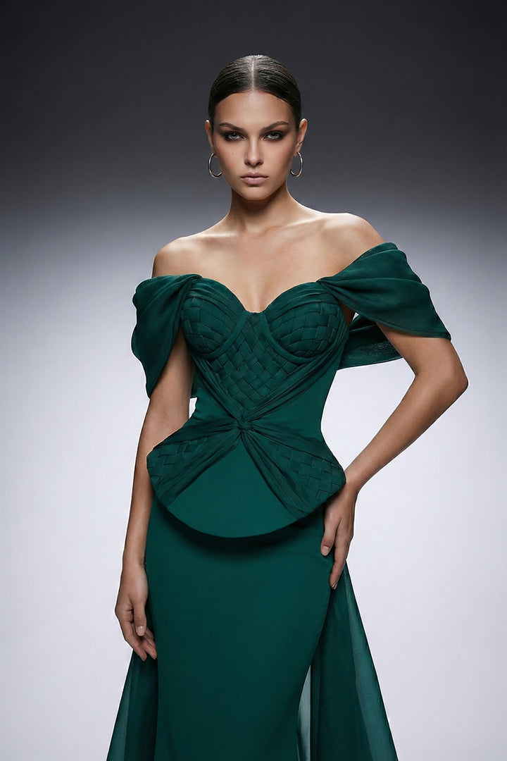 Off-The-Shoulder Neckline Crepe And Organza Dress