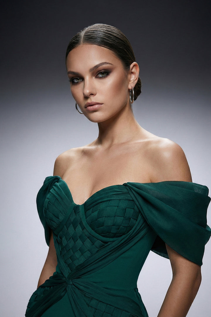 Off-The-Shoulder Neckline Crepe And Organza Dress