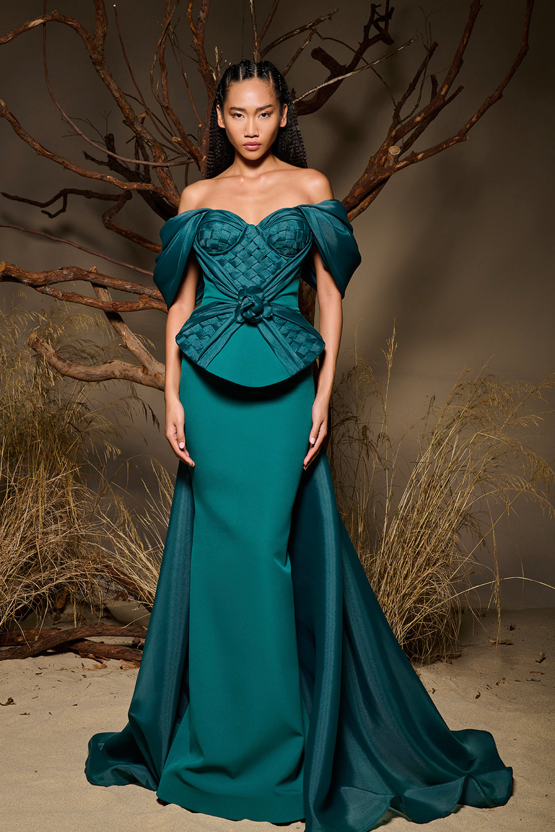 Off-The-Shoulder Neckline Crepe And Organza Dress Teal / FR 36
