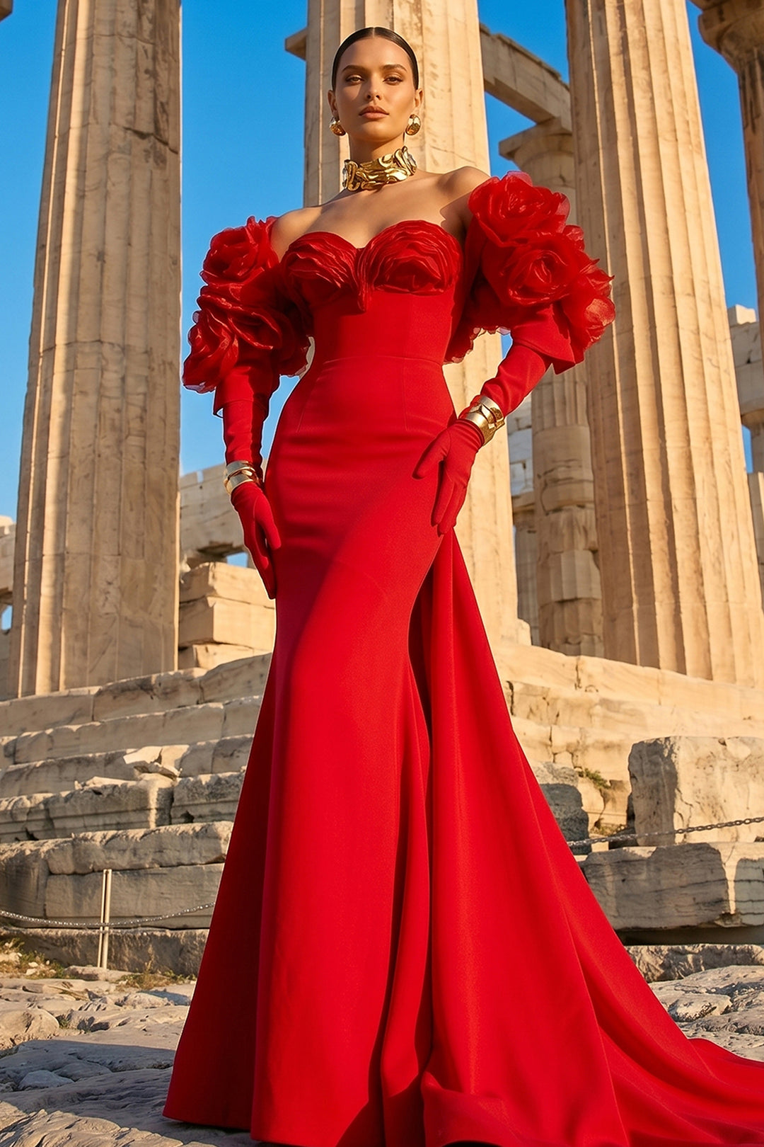 Crepe Dress with 3D Floral Bolero and Floor-Length Mermaid Train