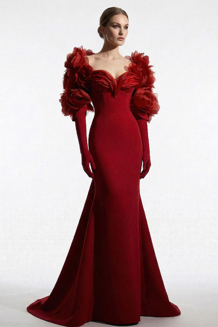 Crepe Dress with 3D Floral Bolero and Floor-Length Mermaid Train