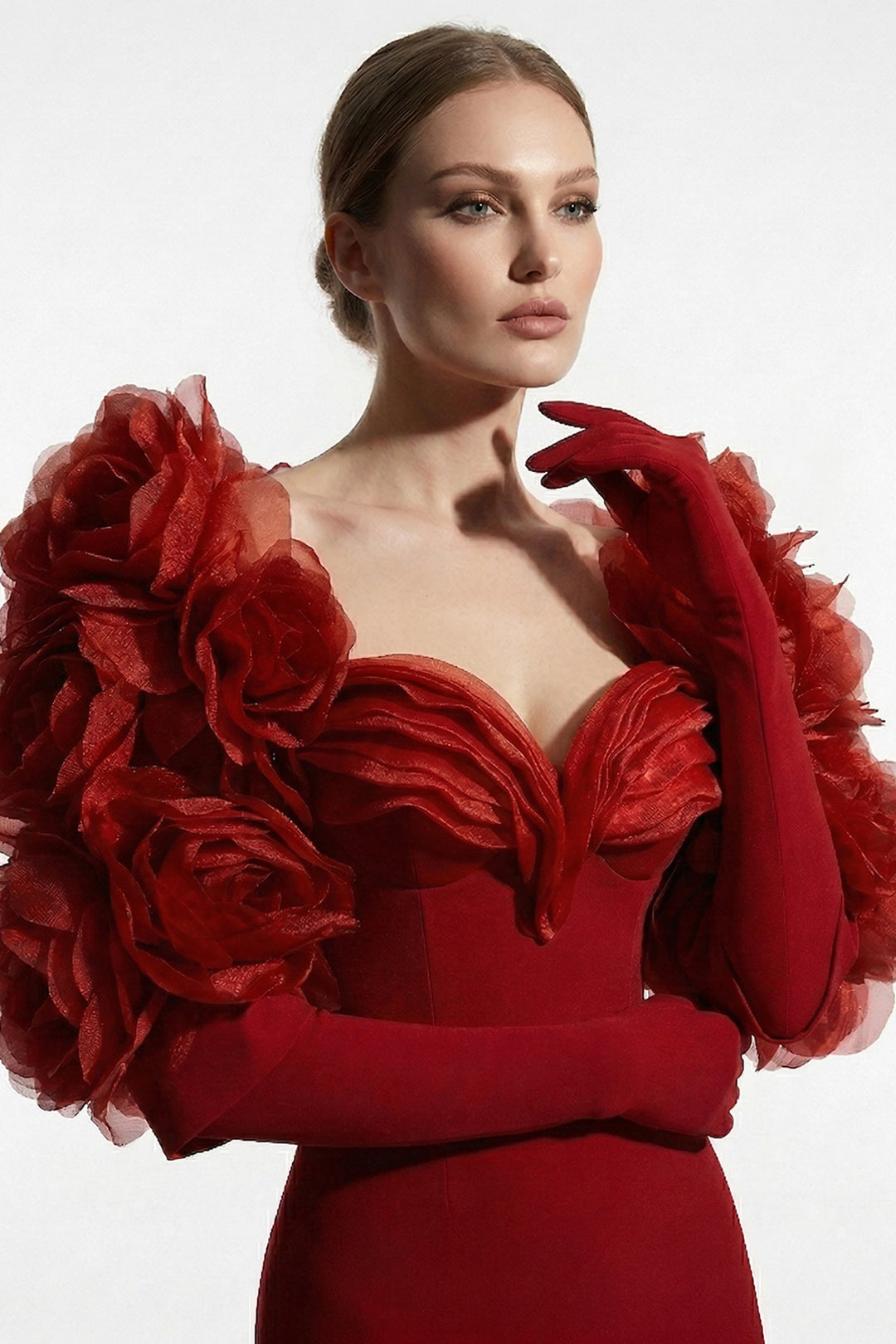 Crepe Dress with 3D Floral Bolero and Floor-Length Mermaid Train