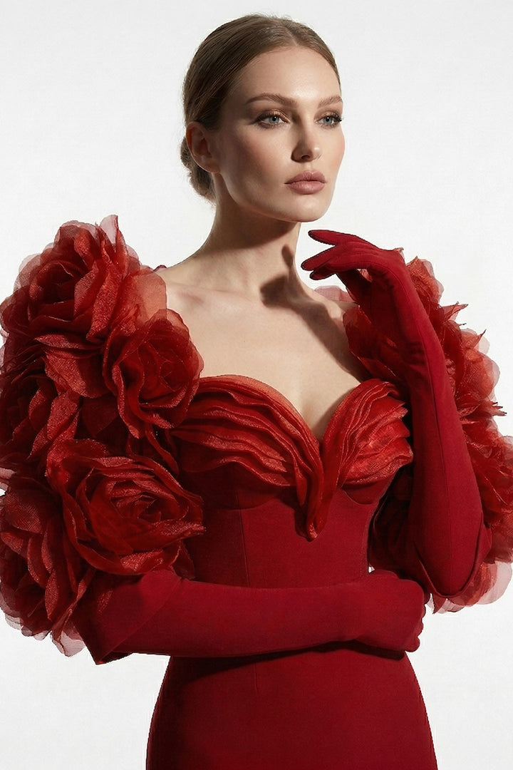 Crepe Dress with 3D Floral Bolero and Floor-Length Mermaid Train