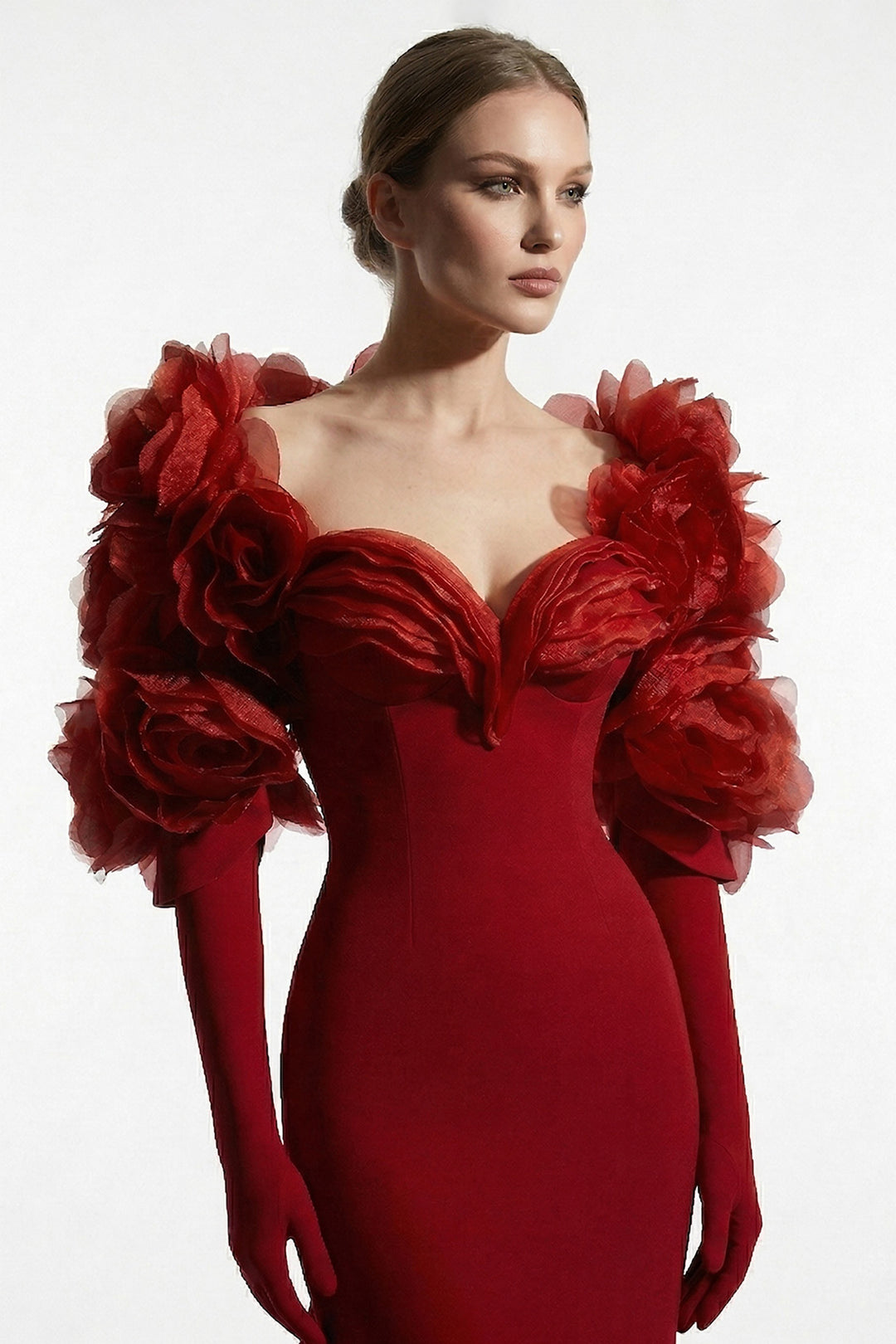 Crepe Dress with 3D Floral Bolero and Floor-Length Mermaid Train