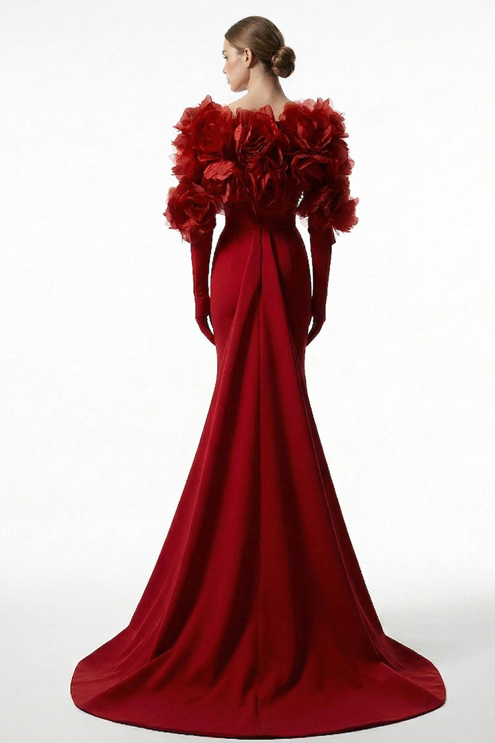 Crepe Dress with 3D Floral Bolero and Floor-Length Mermaid Train