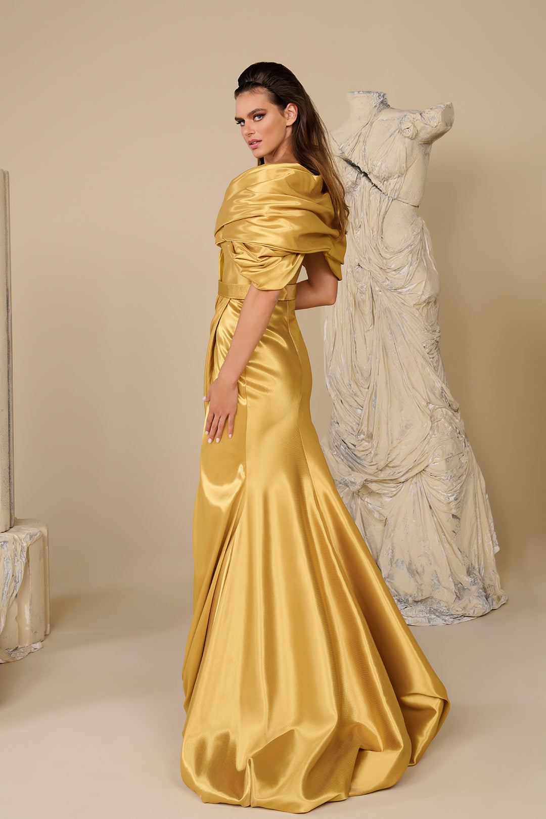 Off-The-Shoulder Deep-V Dress with Draped Folds