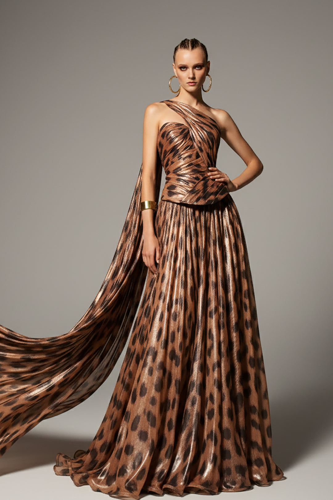 Off-The-Shoulder Crepe and Animal-Print Drape Dress