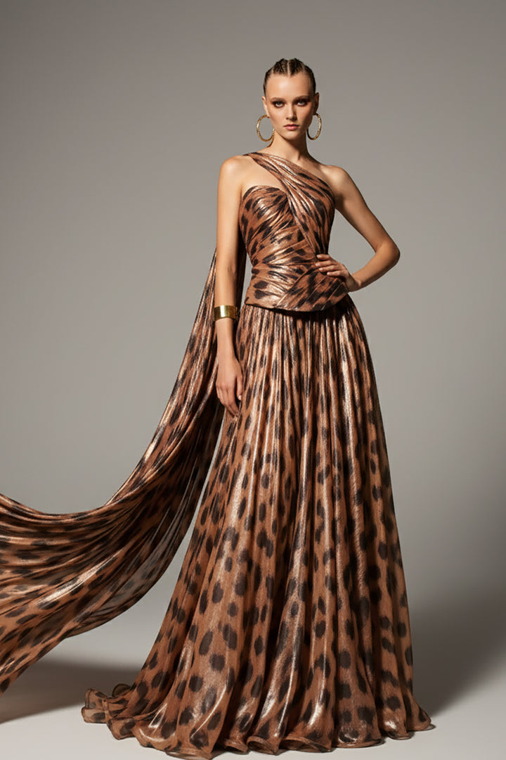 Off-The-Shoulder Crepe and Animal-Print Drape Dress