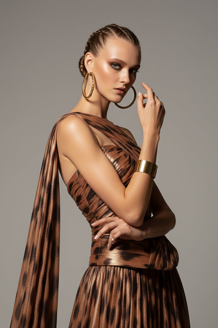 Off-The-Shoulder Crepe and Animal-Print Drape Dress