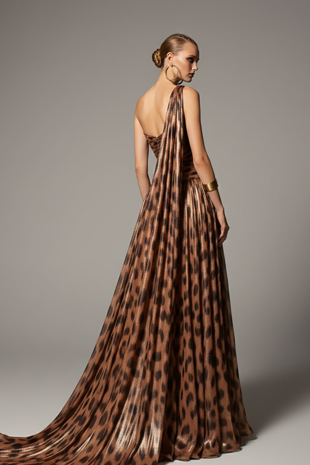 Off-The-Shoulder Crepe and Animal-Print Drape Dress