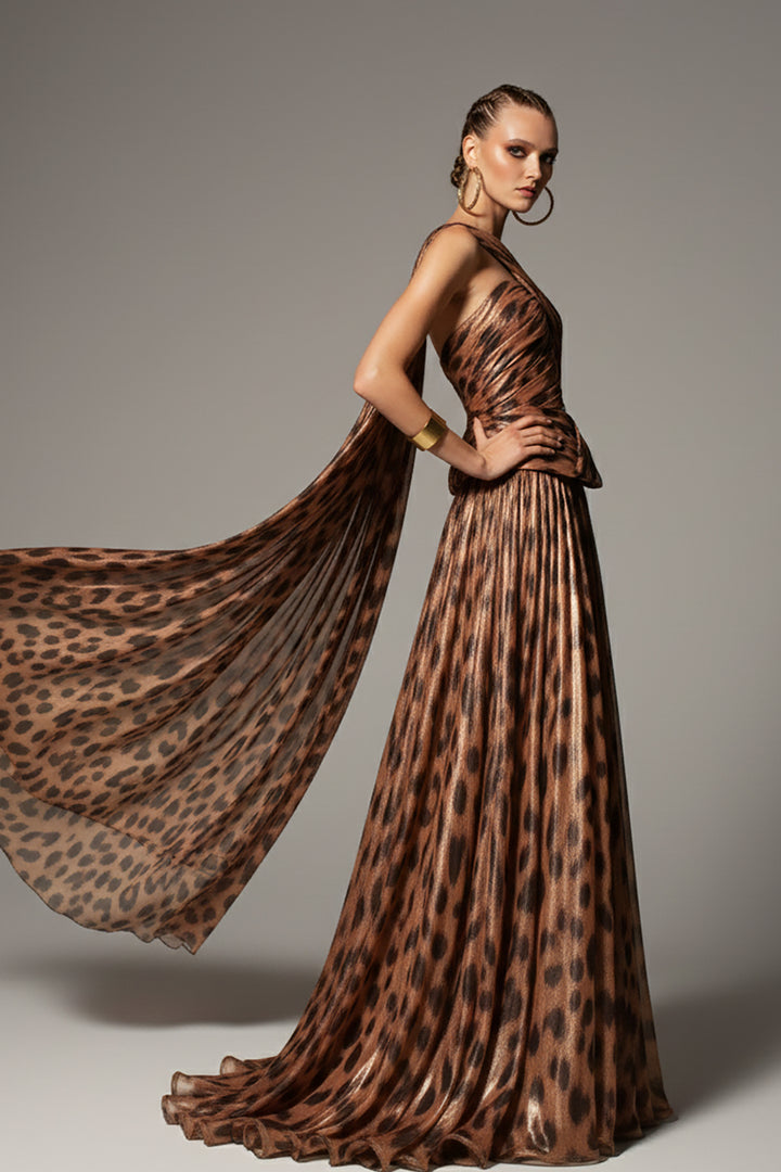 Off-The-Shoulder Crepe and Animal-Print Drape Dress