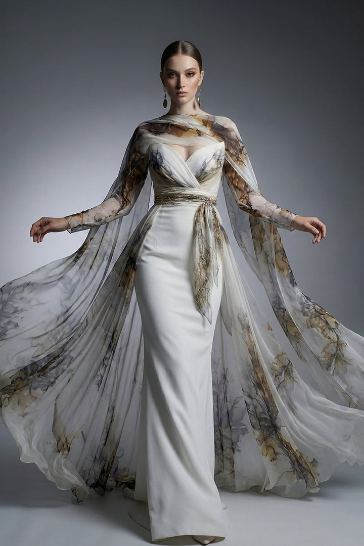 Off-The-Shoulder Crepe Cape Dress with Printed Chiffon Belt