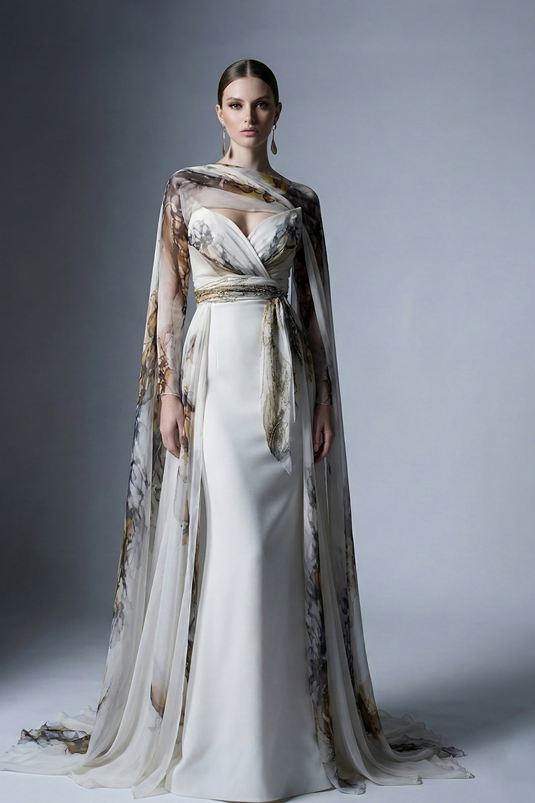 Off-The-Shoulder Crepe Cape Dress with Printed Chiffon Belt