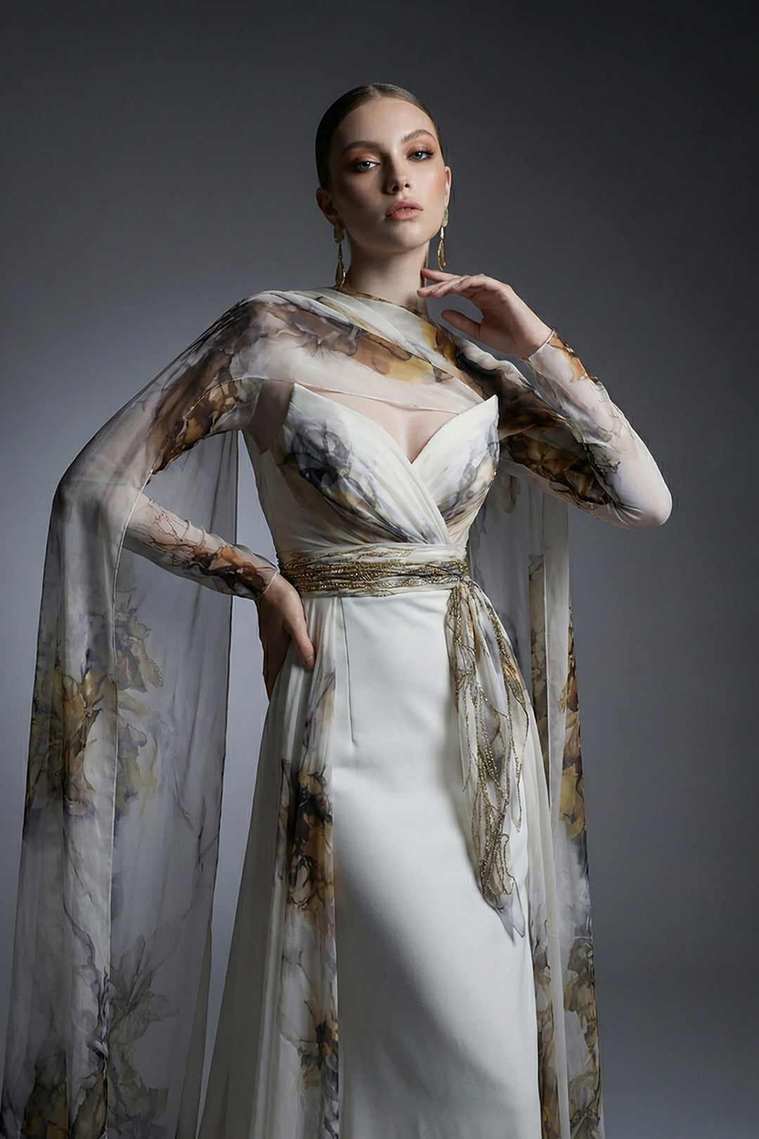 Off-The-Shoulder Crepe Cape Dress with Printed Chiffon Belt