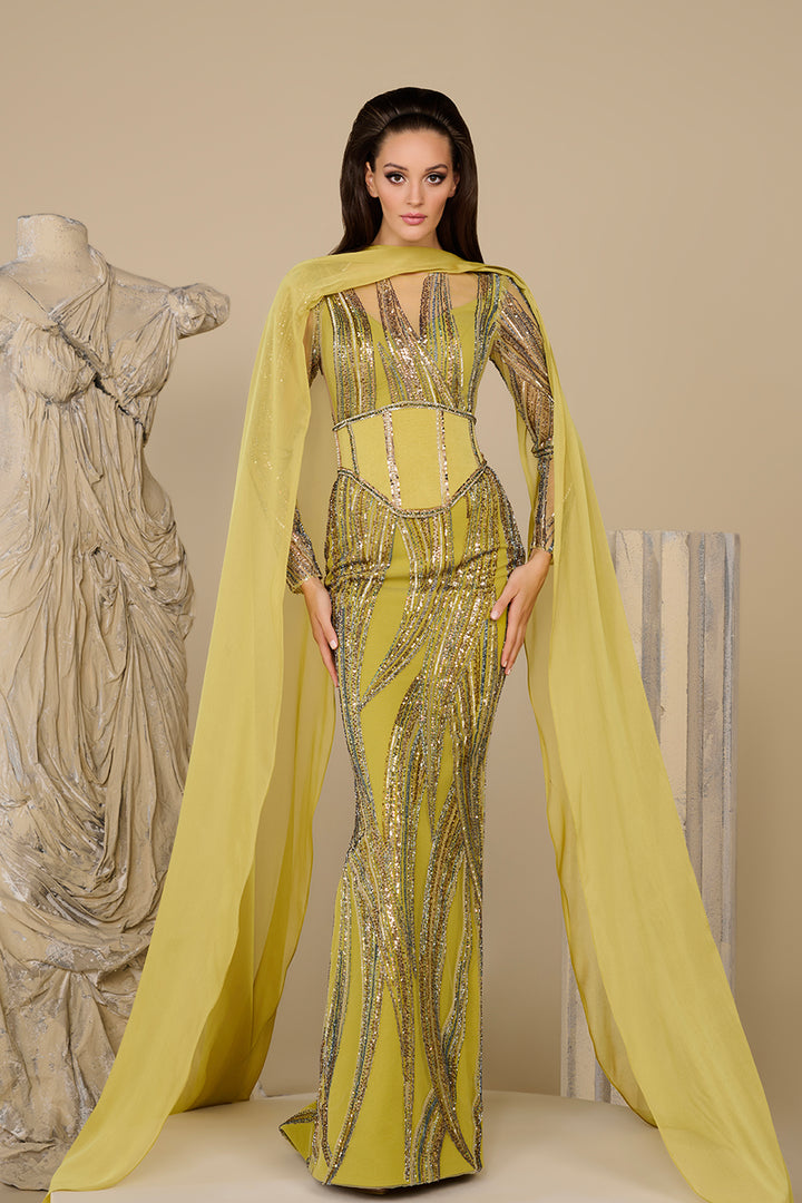 Fitted Corset Dress with Mermaid Silhouette and Draped Cape