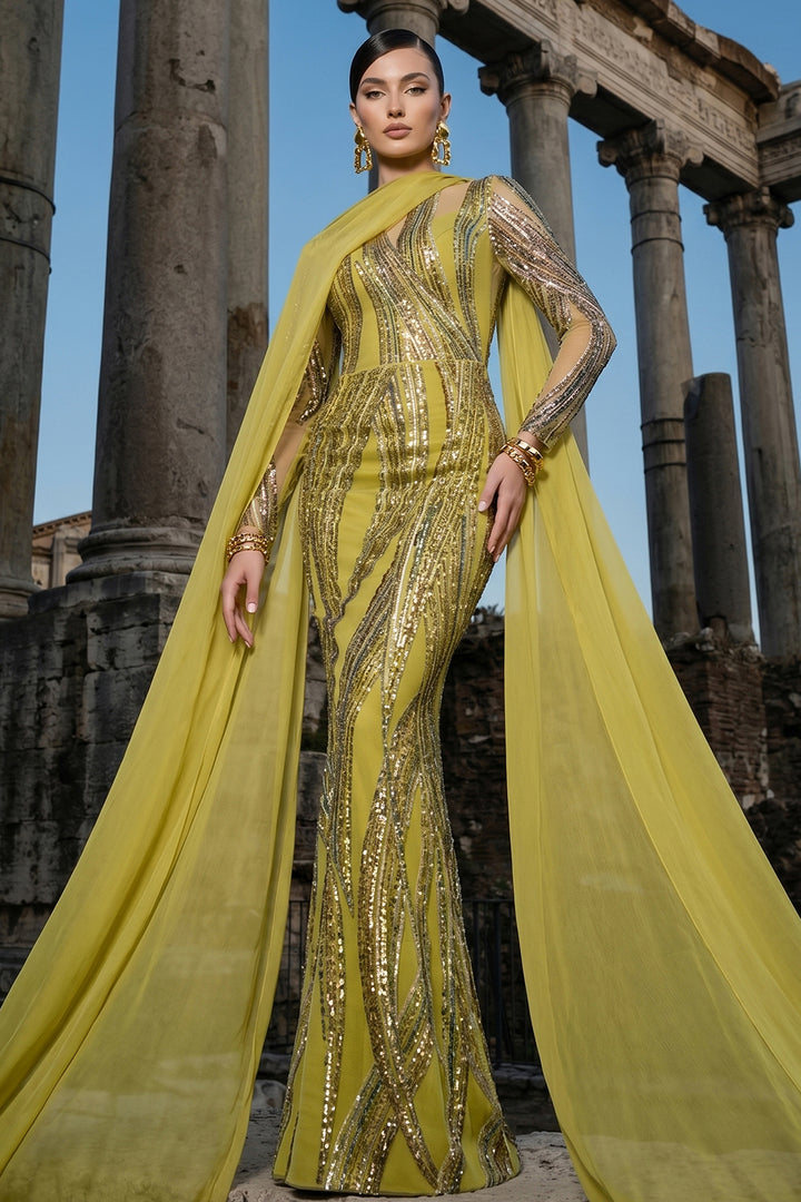 Fitted Corset Dress with Mermaid and Draped Cape