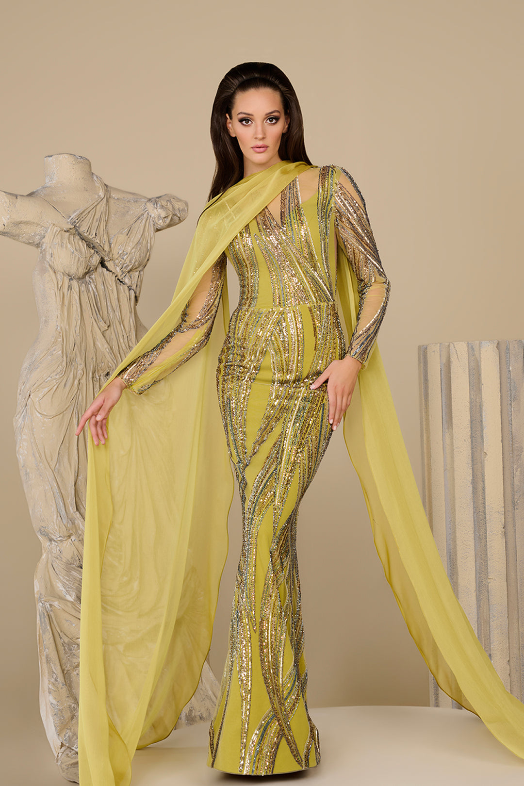 Fitted Corset Dress with Mermaid Silhouette and Draped Cape