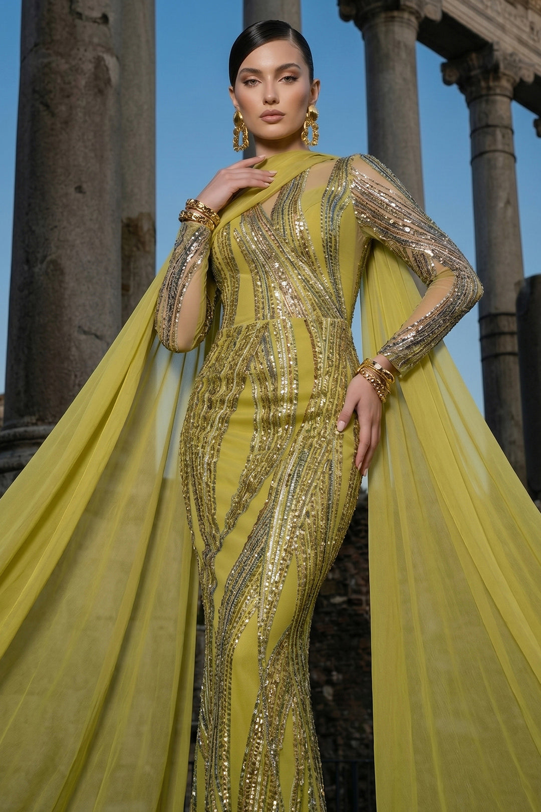 Fitted Corset Dress with Mermaid and Draped Cape