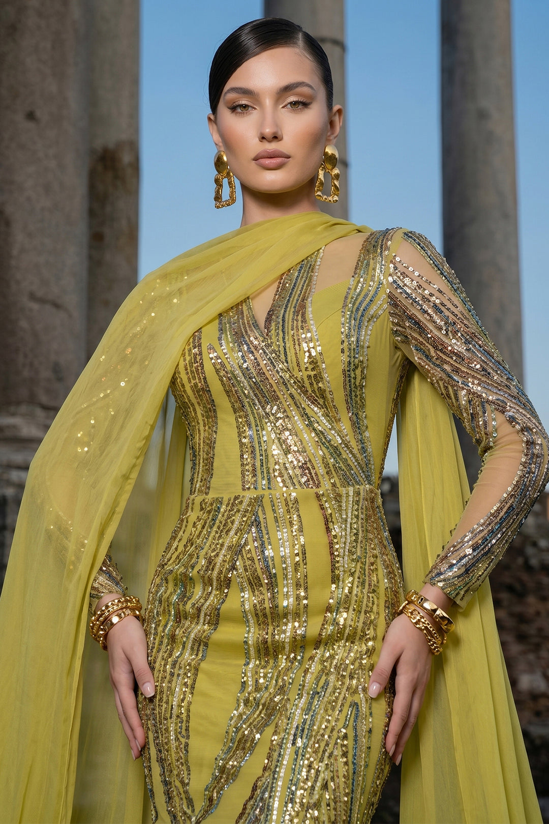 Fitted Corset Dress with Mermaid and Draped Cape