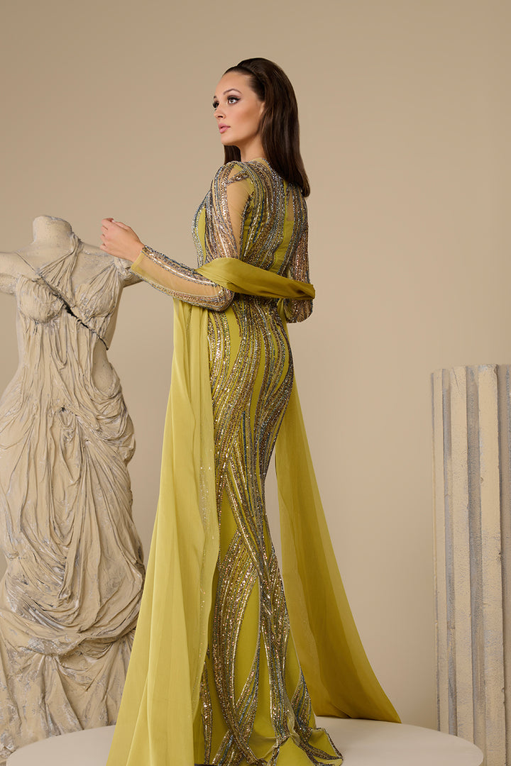 Fitted Corset Dress with Mermaid Silhouette and Draped Cape