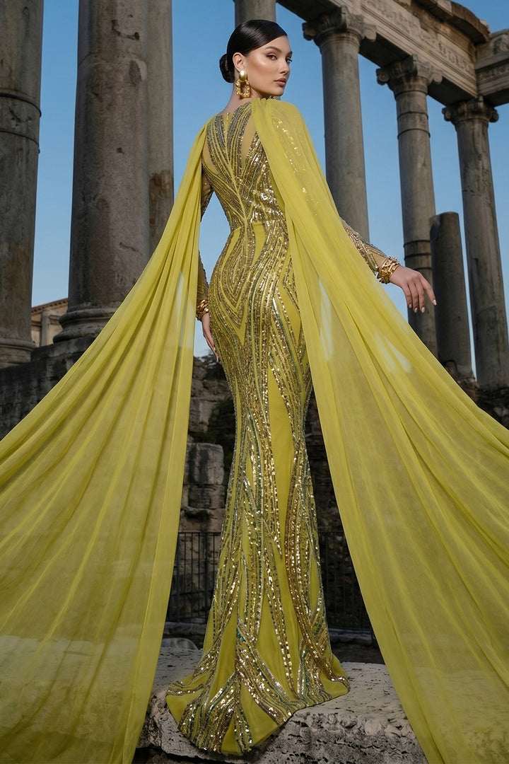 Fitted Corset Dress with Mermaid and Draped Cape