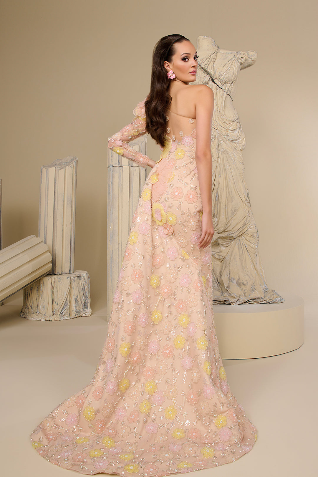 One-Shoulder Dress with Hand-Applied Floral Appliqués