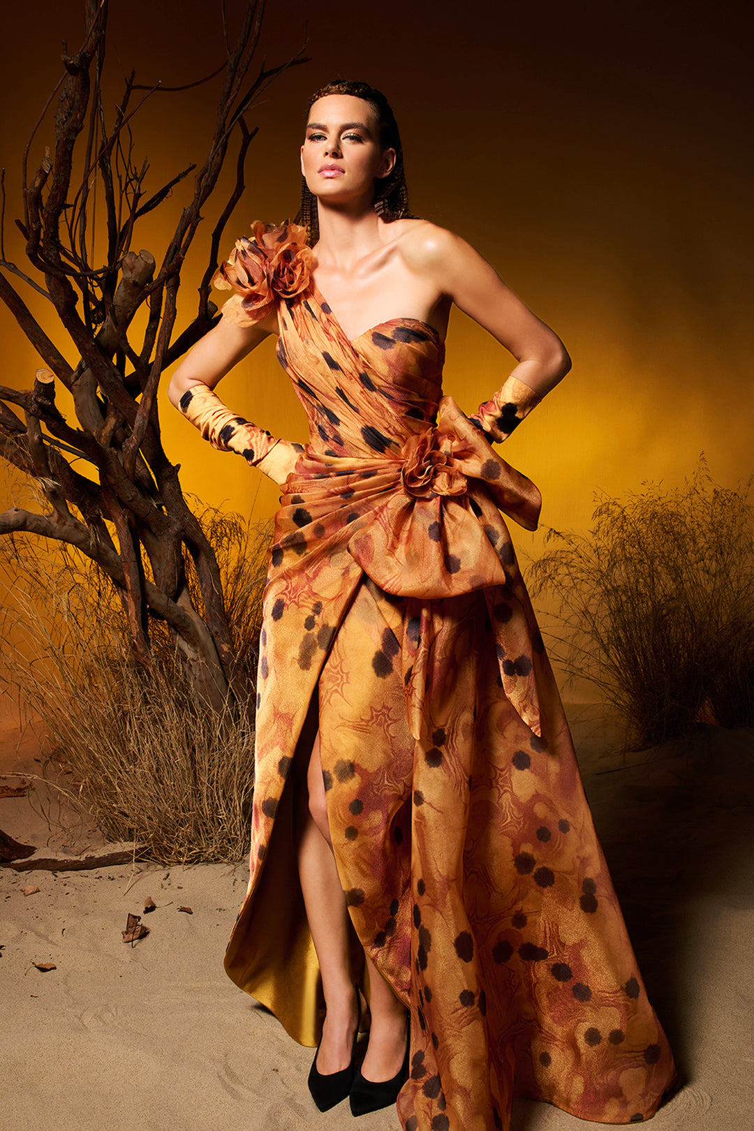 One-Shoulder Floral Draped Organza Dress