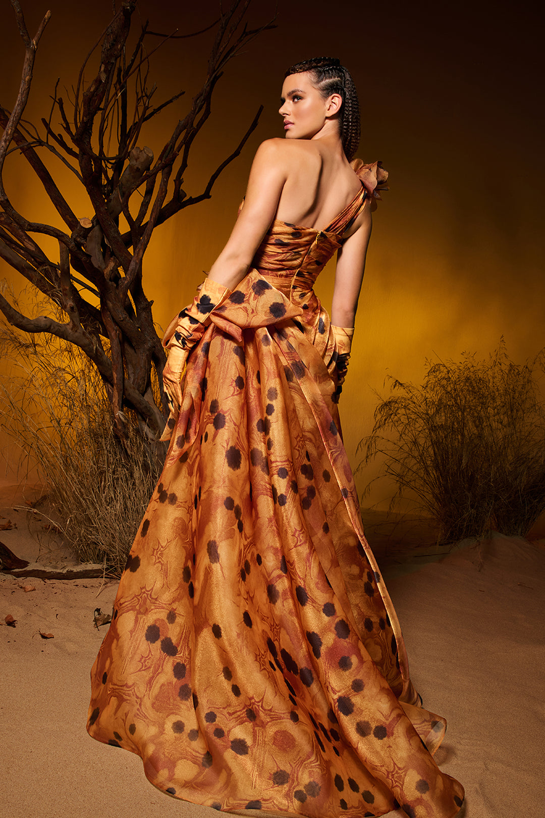 One-Shoulder Floral Draped Organza Dress