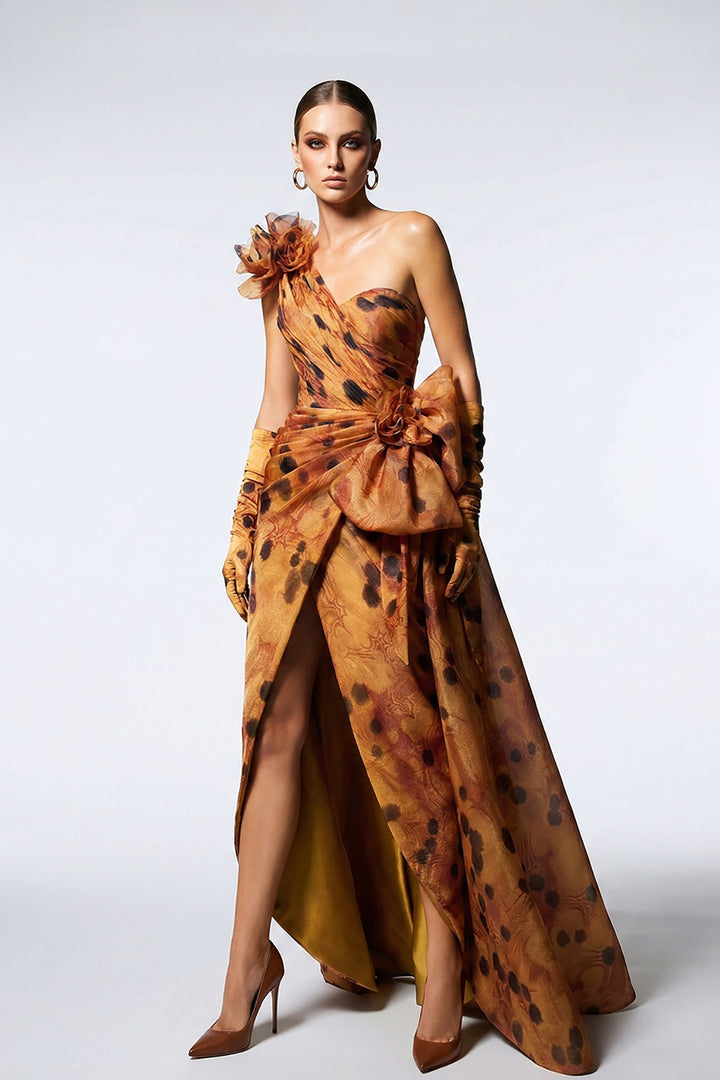 One-Shoulder Floral Draped Organza Dress