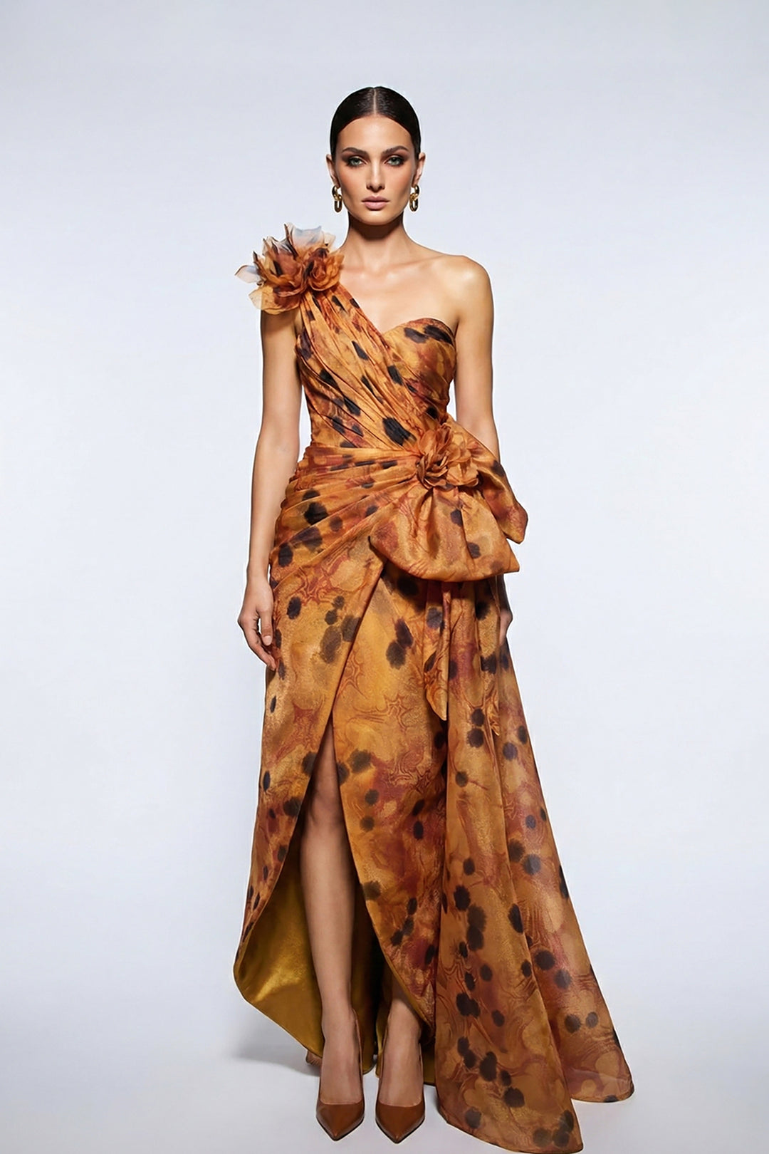 One-Shoulder Floral Draped Organza Dress