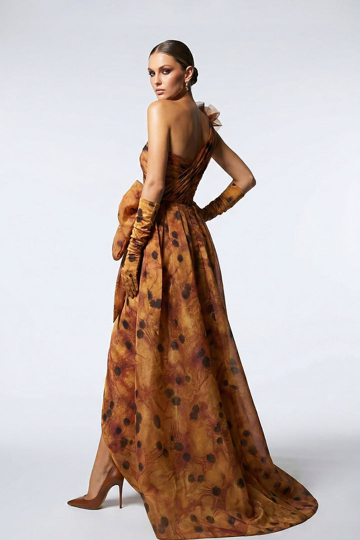 One-Shoulder Floral Draped Organza Dress
