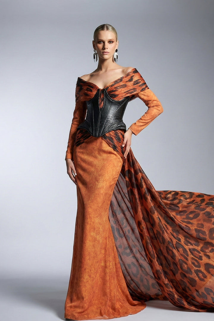 Off-The-Shoulder Crepe Dress with Animal-Print Drape