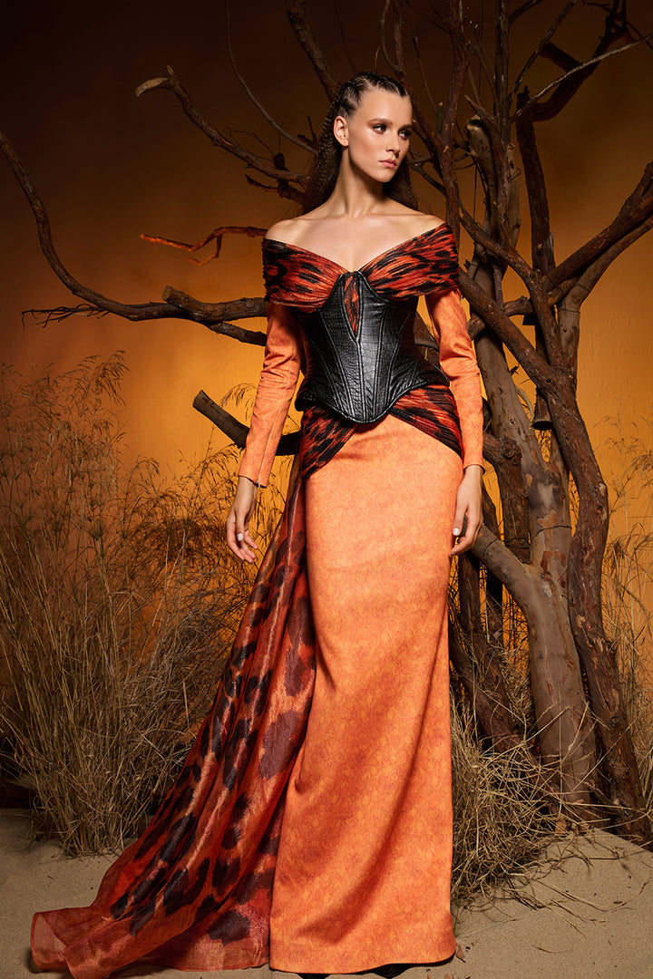 Off-The-Shoulder Crepe Dress with Animal-Print Drape