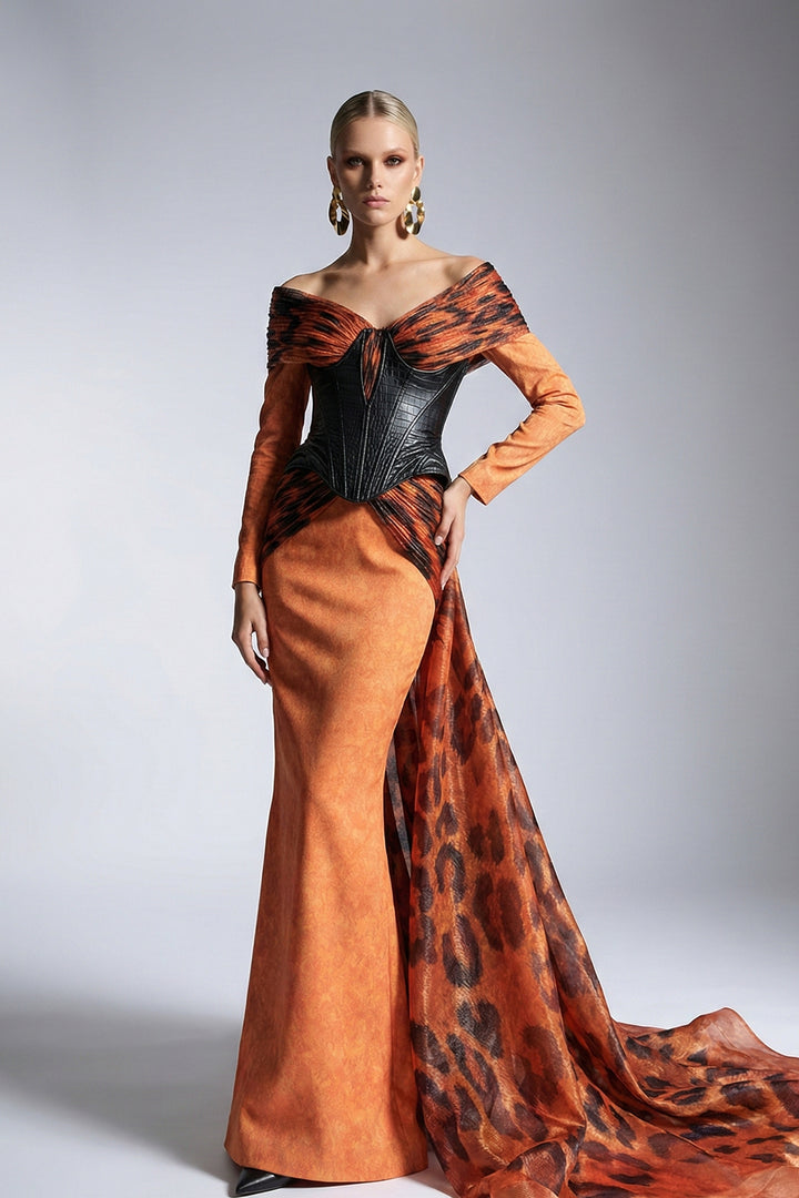 Off-The-Shoulder Crepe Dress with Animal-Print Drape