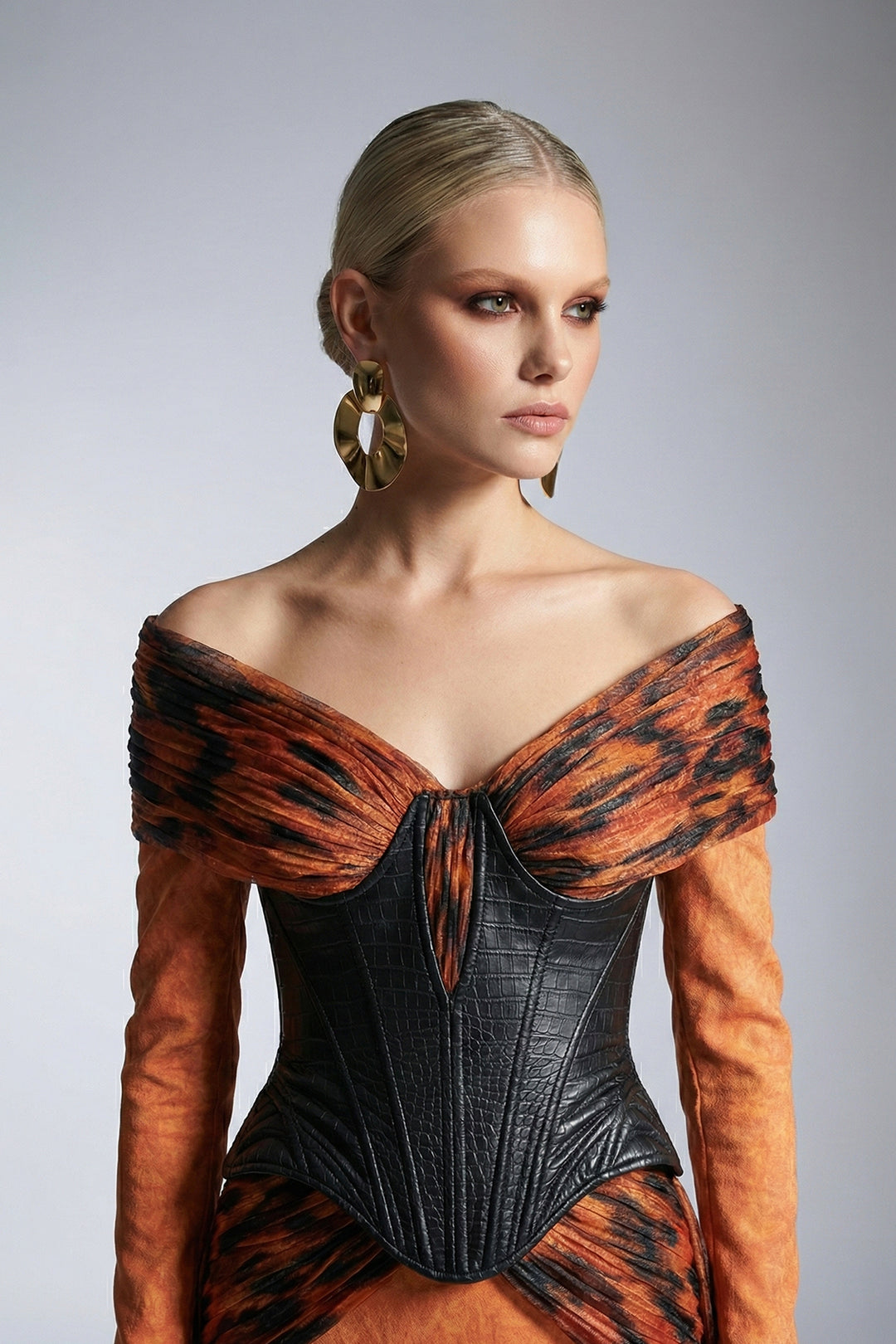 Off-The-Shoulder Crepe Dress with Animal-Print Drape