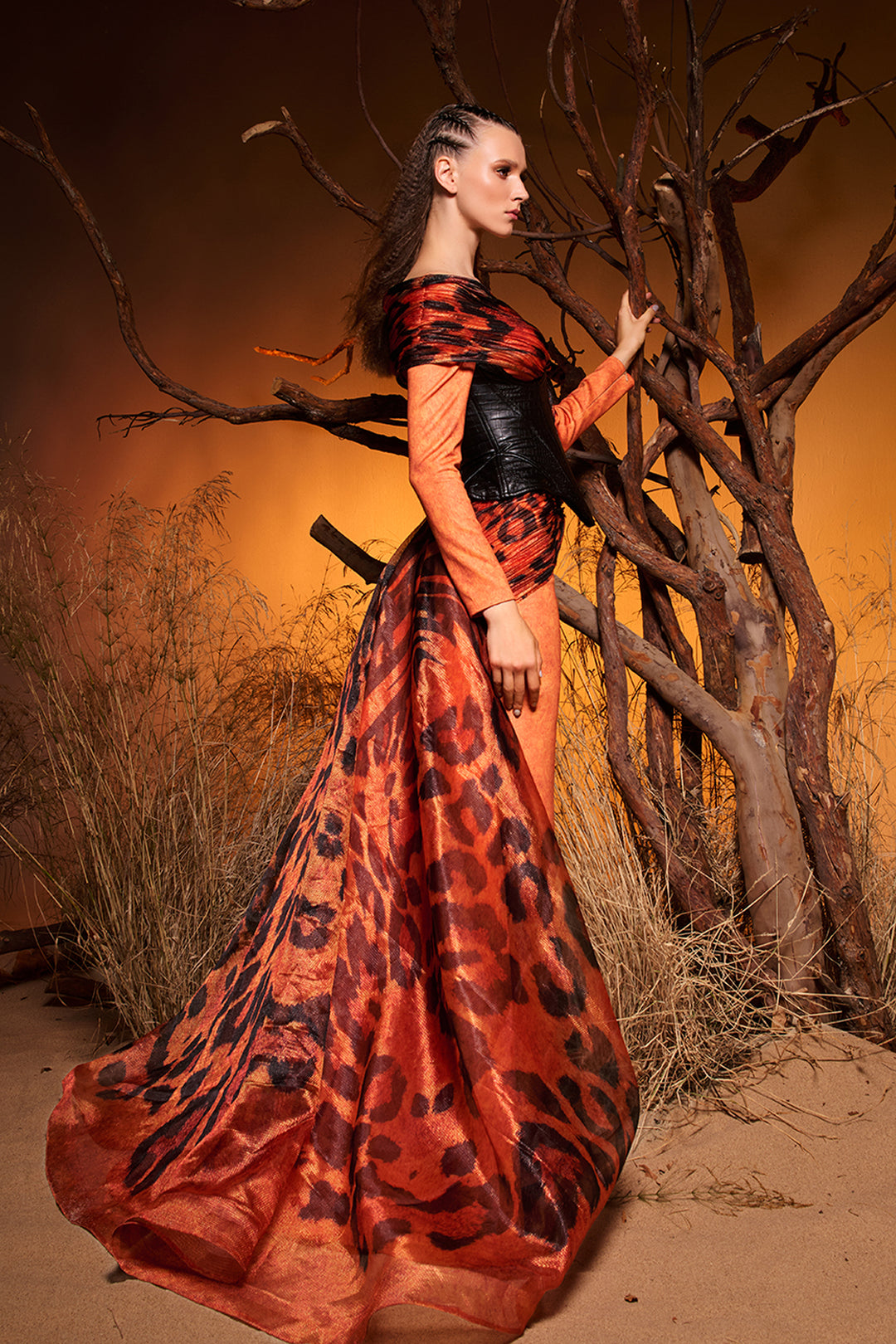 Off-The-Shoulder Crepe Dress with Animal-Print Drape