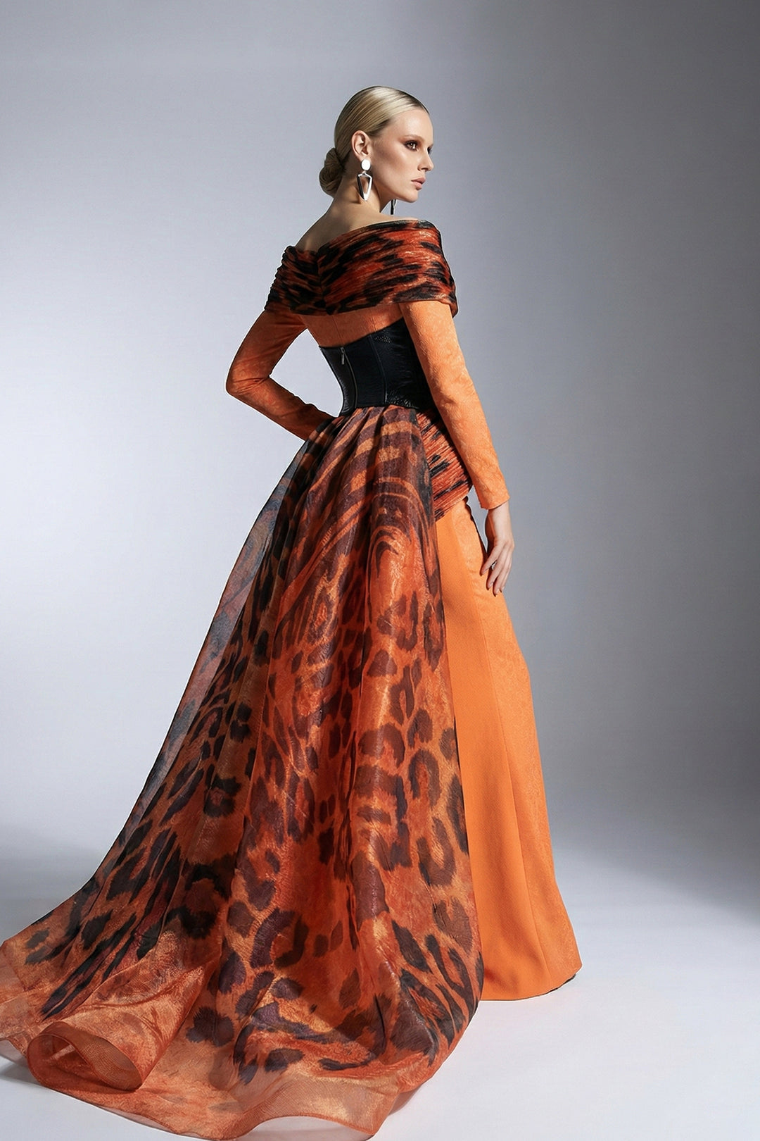 Off-The-Shoulder Crepe Dress with Animal-Print Drape