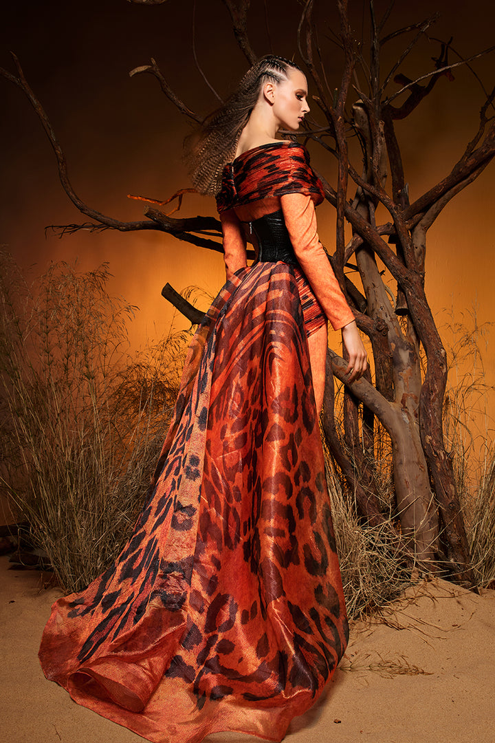 Off-The-Shoulder Crepe Dress with Animal-Print Drape