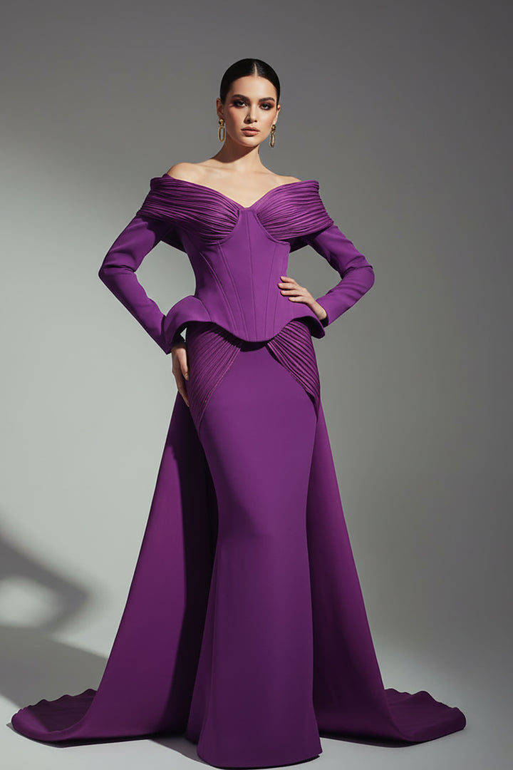 Off-The-Shoulder Crepe Dress with Animal-Print Drape