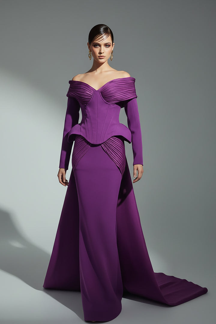 Off-The-Shoulder Crepe Dress with Animal-Print Drape